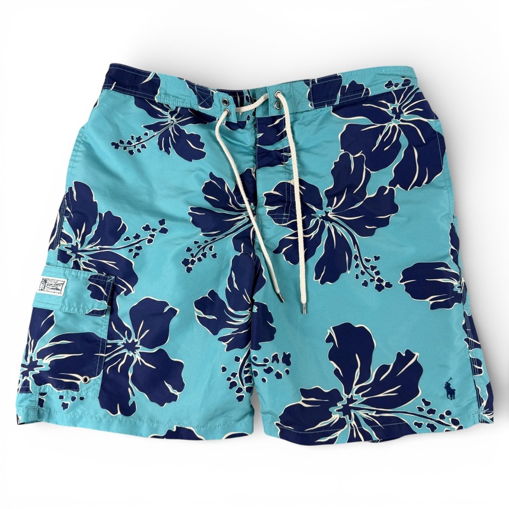 Polo Ralph Lauren Swim Shorts‎ Mens XL Blue Floral Boardshort Trunks Drawstring